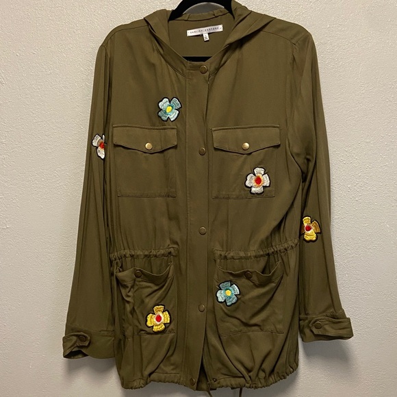 English Factory Olive Green Floral Embellished Military Utility Hoodie Jacket - Picture 2 of 11